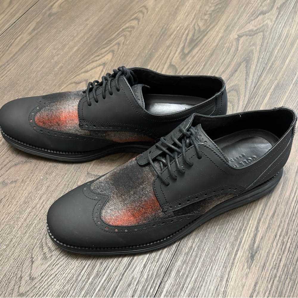 Cole Haan Grand.OS Wingtip Oxford Black Leather & Wool Tweed Dress Shoes 11M